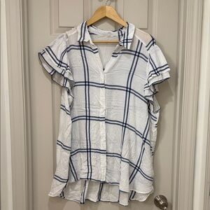 Jane and Delancey White Button-Down Shirt with Navy Windowpane